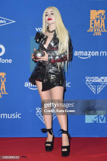 Ava Max with the Best Push Award in the winners room during the MTV EMAs 2019 at FIBES Conference and Exhibition Centre on November 03, 2019 in...