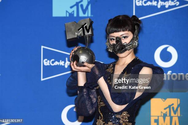 Jasmine Sokko poses with Best South East Asia Act Award in the winners room during the MTV EMAs 2019 at FIBES Conference and Exhibition Centre on...