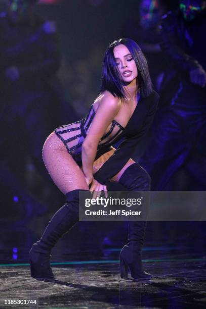 Becky G performs on stage during the MTV EMAs 2019 at FIBES Conference and Exhibition Centre on November 03, 2019 in Seville, Spain.