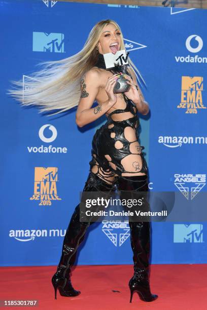 Pabllo Vittar in the winners room during the MTV EMAs 2019 at FIBES Conference and Exhibition Centre on November 03, 2019 in Seville, Spain.