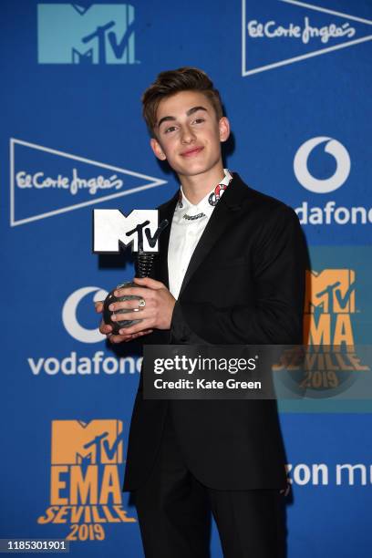 Johnny Orlando winner of Best Canadian Act photographed in the winners room during the MTV EMAs 2019 at FIBES Conference and Exhibition Centre on...