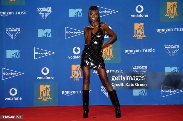 Leomie Anderson poses in the winners room during the MTV EMAs 2019 at FIBES Conference and Exhibition Centre on November 03, 2019 in Seville, Spain.