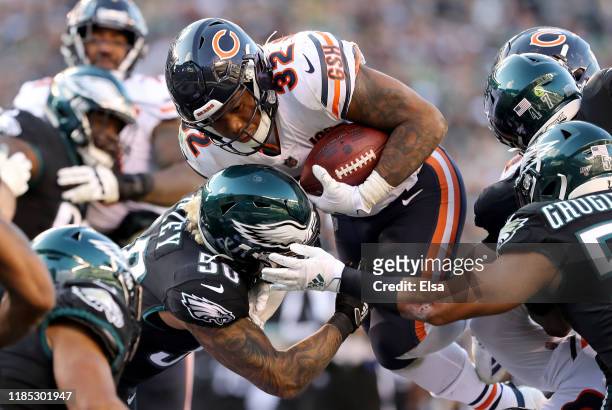 David Montgomery of the Chicago Bears is stopped short of the goal line by Duke Riley of the Philadelphia Eagles in the fourth quarter at Lincoln...