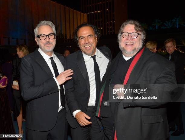 Alfonso Cuarón, wearing Gucci, Alejandro González Iñárritu, and Guillermo del Toro, wearing Gucci, attend the 2019 LACMA Art + Film Gala Presented By...