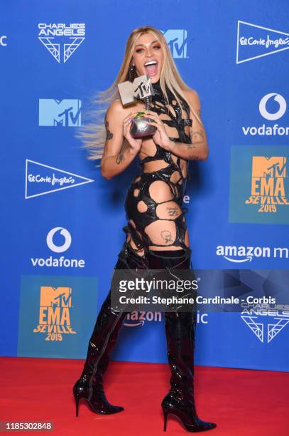 Pabllo Vittar in the winner room during the MTV EMAs 2019 at FIBES Conference and Exhibition Centre on November 03, 2019 in Seville, Spain.