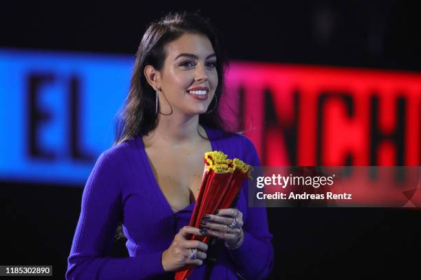 Georgina Rodriguez presents the Best Collaboration Award on stage during the MTV EMAs 2019 at FIBES Conference and Exhibition Centre on November 03,...