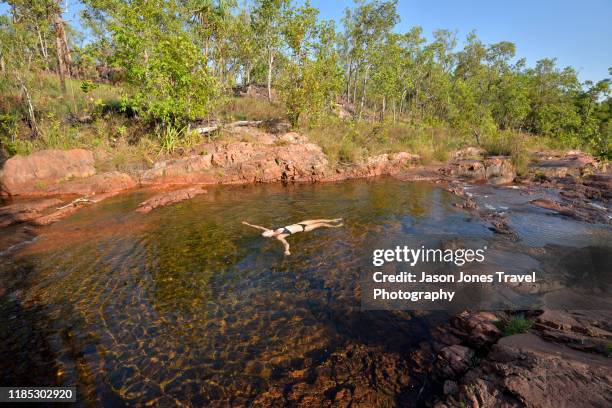 woman floats in a rock pool - litchfield national park stockfoto's en -beelden