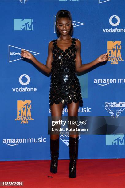 Leomie Anderson poses in the winners room during the MTV EMAs 2019 at FIBES Conference and Exhibition Centre on November 03, 2019 in Seville, Spain.