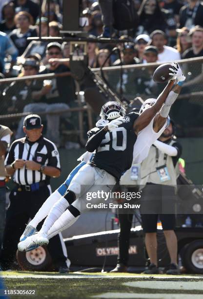 Daryl Worley of the Oakland Raiders intercepts a pass in the end zone that was intended for Kenny Golladay of the Detroit Lions at RingCentral...