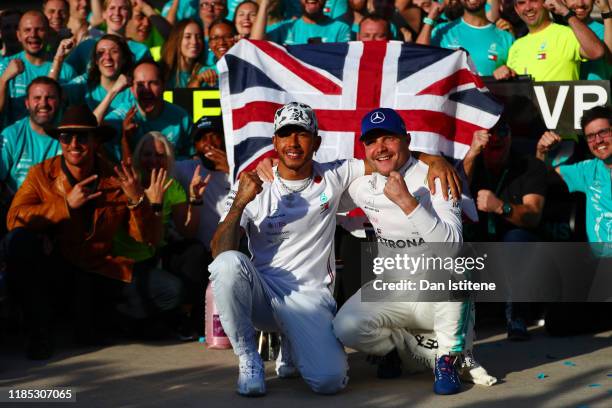 Formula One World Drivers Champion Lewis Hamilton of Great Britain and Mercedes GP and race winner Valtteri Bottas of Finland and Mercedes GP...