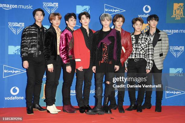 Members of NCT 127 pose in the winners room during the MTV EMAs 2019 at FIBES Conference and Exhibition Centre on November 03, 2019 in Seville, Spain.