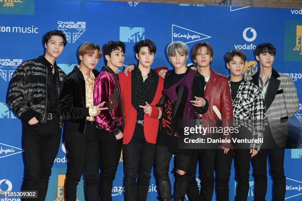 Members of NCT 127 pose in the winners room during the MTV EMAs 2019 at FIBES Conference and Exhibition Centre on November 03, 2019 in Seville, Spain.