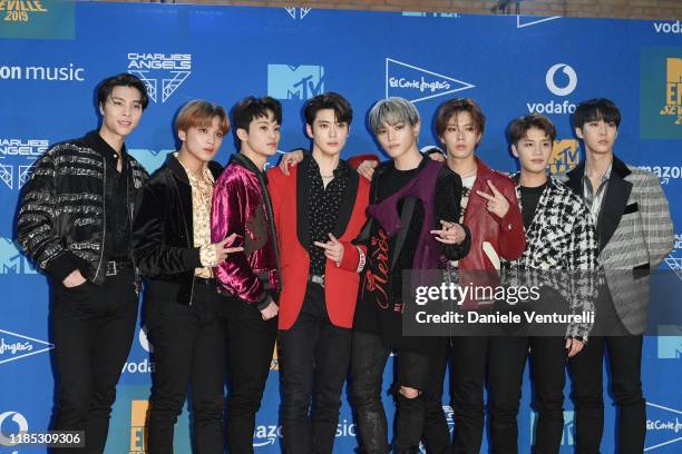 Members of NCT 127 pose in the winners room during the MTV EMAs 2019 at FIBES Conference and Exhibition Centre on November 03, 2019 in Seville, Spain.