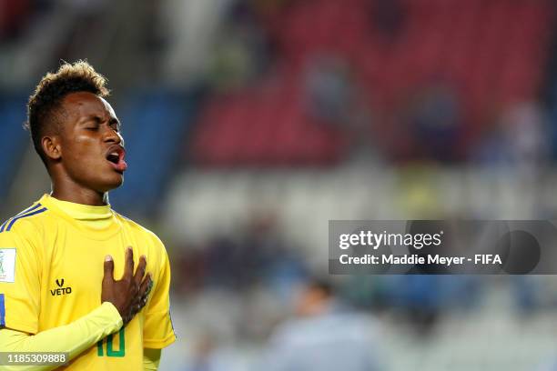 Raphael Leai of Solomon Islands sings the national anthem before the FIFA U-17 World Cup Brazil 2019 Group F match between Mexico and Solomon Islands...