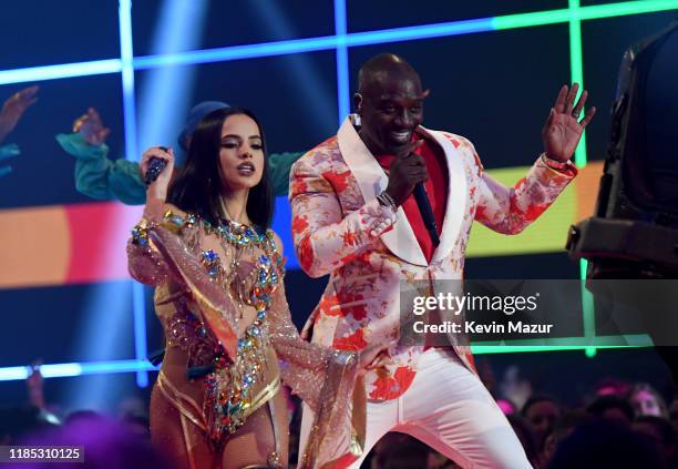 Akon and Becky G perform on stage during the MTV EMAs 2019 at FIBES Conference and Exhibition Centre on November 03, 2019 in Seville, Spain.