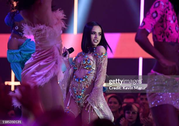 Becky G performs on stage at the MTV EMAs 2019 at FIBES Conference and Exhibition Centre on November 03, 2019 in Seville, Spain.