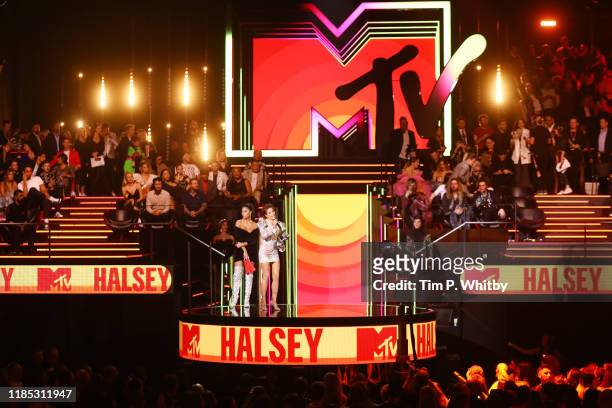 Nicole Scherzinger presents the Best Pop Award to Halsey on stage during the MTV EMAs 2019 at FIBES Conference and Exhibition Centre on November 03,...