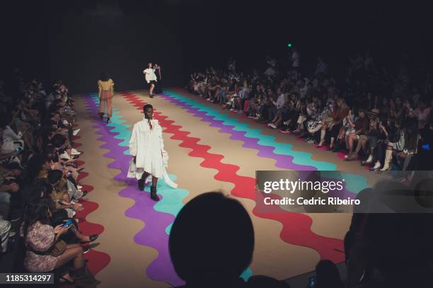 Model at the Reemami show during the FFWD October Edition 2019 at the Dubai Design District on November 02, 2019 in Dubai, United Arab Emirates.