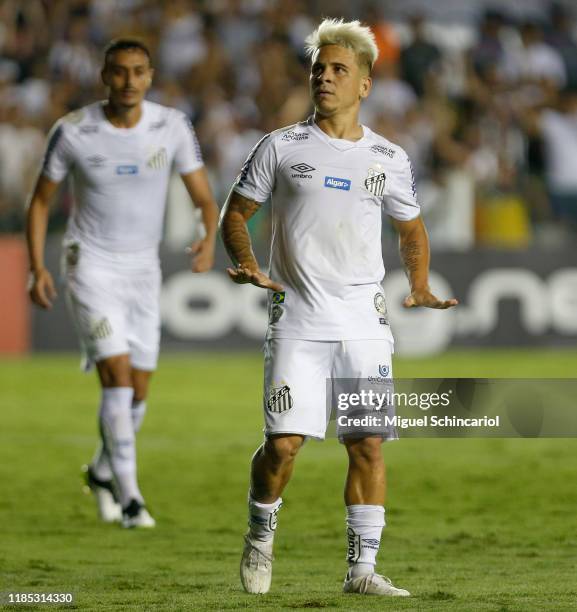 Soteldo of Santos celebrates after scoring his first goal and third of his team during a match between Santos and Botafogo for the Brasileirao Series...