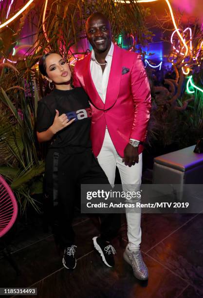 Becky G and Akon attends the MTV EMAs 2019 after party at FIBES Conference and Exhibition Centre on November 03, 2019 in Seville, Spain.