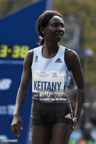 Mary Keitany of Kenya reacts after her second place finish in the Women's Division of the 2019 TCS New York City Marathon on November 03, 2019 in New...