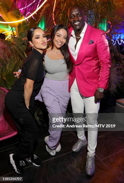 Becky G, a guest and Akon attends the MTV EMAs 2019 after party at FIBES Conference and Exhibition Centre on November 03, 2019 in Seville, Spain.