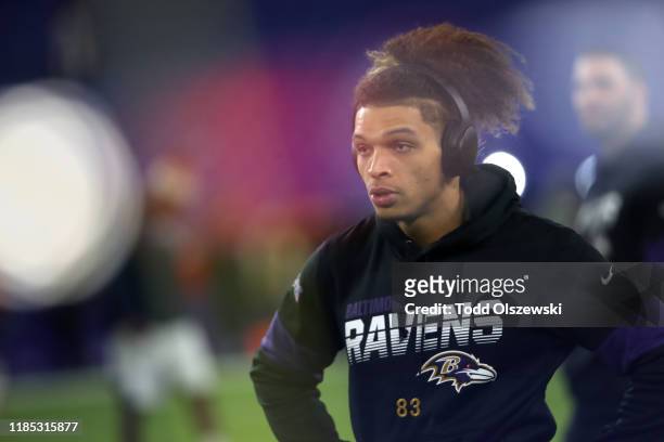 Wide receiver Willie Snead IV of the Baltimore Ravens looks on during pregame before playing against the New England Patriots at M&T Bank Stadium on...