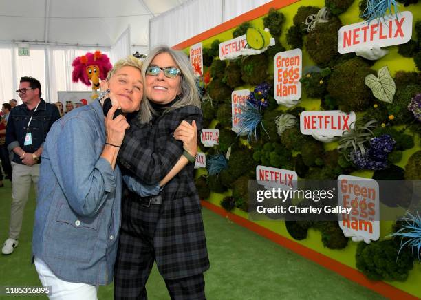 Ellen DeGeneres and Diane Keaton attend Netflix 'Green Eggs & Ham' Los Angeles Premiere at Post 43 on November 03, 2019 in Los Angeles, California.