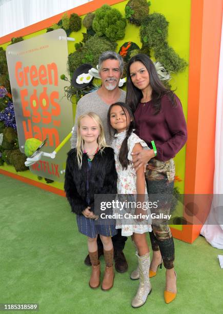 Esai Morales, Mariana Oliveira Morales, and Elvimar Silva attend Netflix 'Green Eggs & Ham' Los Angeles Premiere at Post 43 on November 03, 2019 in...