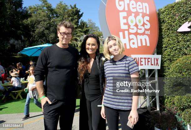 Simon Wakelin, Tia Carrere, and Bianca Wakelin attend Netflix 'Green Eggs & Ham' Los Angeles Premiere at Post 43 on November 03, 2019 in Los Angeles,...