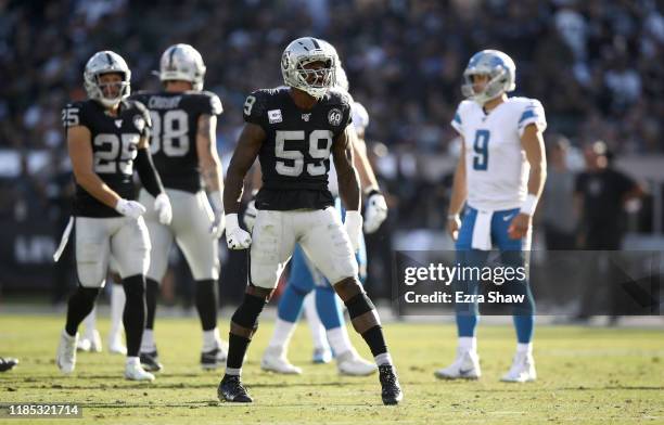 Tahir Whitehead of the Oakland Raiders reacts after he made a tackle against the Detroit Lions at RingCentral Coliseum on November 03, 2019 in...