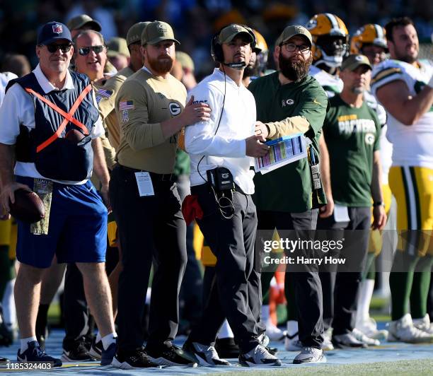 Head coach Matt LaFleur of the Green Bay Packers reacts to a Los Angeles Chargers blocked punt during the third quarter in a 26-11 Chargers win at...
