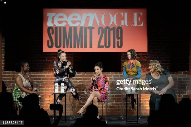 Sofia Carson, Liza Koshy, Joey King and Danielle Macdonald attend the 2019 Teen Vogue Summit at Goya Studios on November 02, 2019 in Hollywood,...