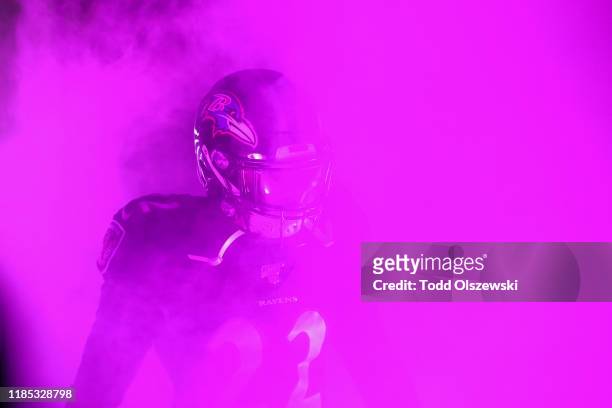 Cornerback Jimmy Smith of the Baltimore Ravens is introduced before playing against the New England Patriots at M&T Bank Stadium on November 3, 2019...