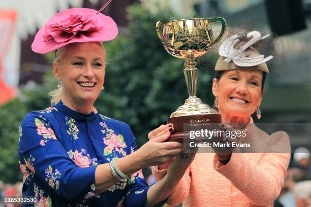 Melbourne Lord Mayor Sally Capp and Victoria Racing Club Chairman Amanda Elliott hold the Melbourne Cup during the 2019 Melbourne Cup Parade on...