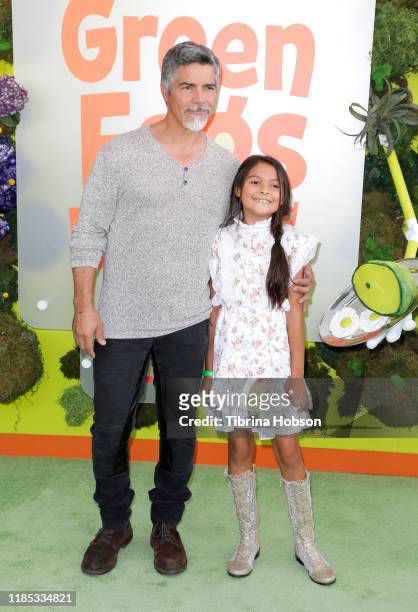 Esai Morales and Mariana Oliveira Morales attend the premiere of Netflix's "Green Eggs And Ham" at Hollywood American Legion on November 03, 2019 in...