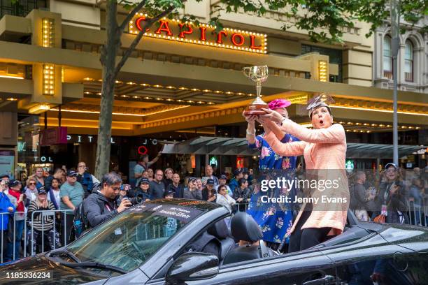 Melbourne Lord Mayor Sally Capp and Victoria Racing Club Chairman Amanda Elliott hold the Melbourne Cup during the 2019 Melbourne Cup Parade on...