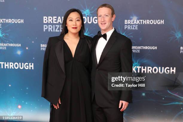 Priscilla Chan and Mark Zuckerberg attend the 2020 Breakthrough Prize Ceremony at NASA Ames Research Center on November 03, 2019 in Mountain View,...