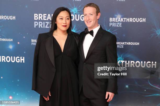 Priscilla Chan and Mark Zuckerberg attend the 2020 Breakthrough Prize Ceremony at NASA Ames Research Center on November 03, 2019 in Mountain View,...