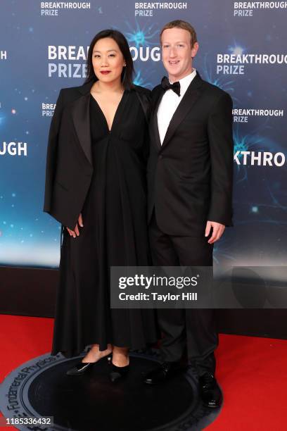 Priscilla Chan and Mark Zuckerberg attend the 2020 Breakthrough Prize Ceremony at NASA Ames Research Center on November 03, 2019 in Mountain View,...