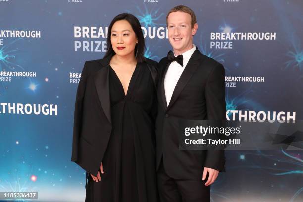 Priscilla Chan and Mark Zuckerberg attend the 2020 Breakthrough Prize Ceremony at NASA Ames Research Center on November 03, 2019 in Mountain View,...