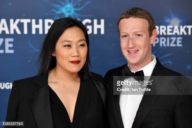 Priscilla Chan and Mark Zuckerberg attend the 2020 Breakthrough Prize Red Carpet at NASA Ames Research Center on November 03, 2019 in Mountain View,...
