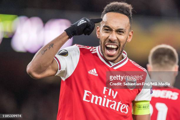 Pierre-Emerick Aubameyang of Arsenal FC celebrate after scoring the first goal during the UEFA Europa League group F match between Arsenal FC and...
