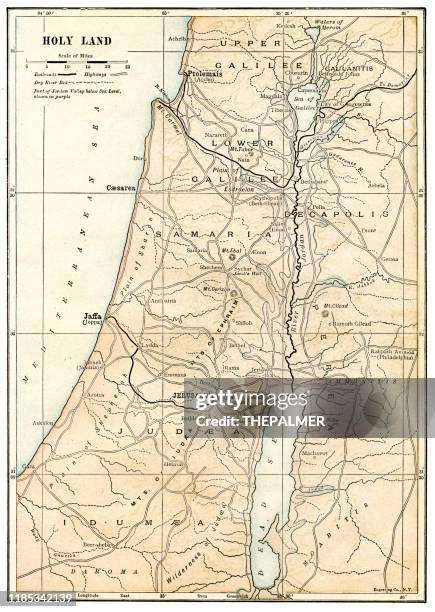 stockillustraties, clipart, cartoons en iconen met kaart van het heilige land 1898 - galilea