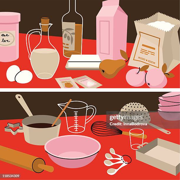 ilustrações, clipart, desenhos animados e ícones de ingredientes & instrumentos. - cozinha doméstica