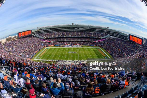 General wide angle view of kickoff is seen during an NFL football game between the New York Giants and the Chicago Bears on November 24 at Soldier...