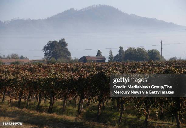 Smoke from the Kincade Fire hangs over the hills near a vineyard in Geyserville, Calif., on Thursday, Oct. 31, 2019.