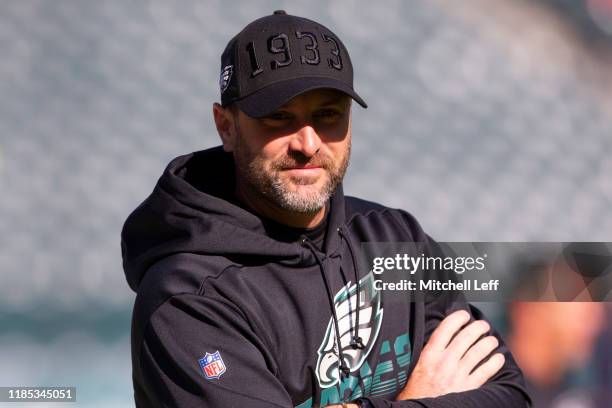 Offensive coordinator Mike Groh of the Philadelphia Eagles looks on prior to the game against the Chicago Bears at Lincoln Financial Field on...