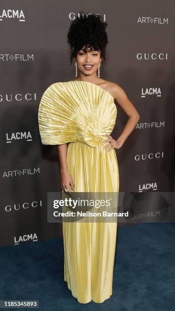 Yara Shahidi, wearing Gucci, attends the 2019 LACMA Art + Film Gala Presented By Gucci at LACMA on November 02, 2019 in Los Angeles, California.
