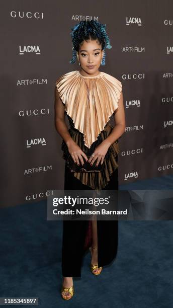 Amandla Stenberg, wearing Gucci, attends the 2019 LACMA Art + Film Gala Presented By Gucci at LACMA on November 02, 2019 in Los Angeles, California.